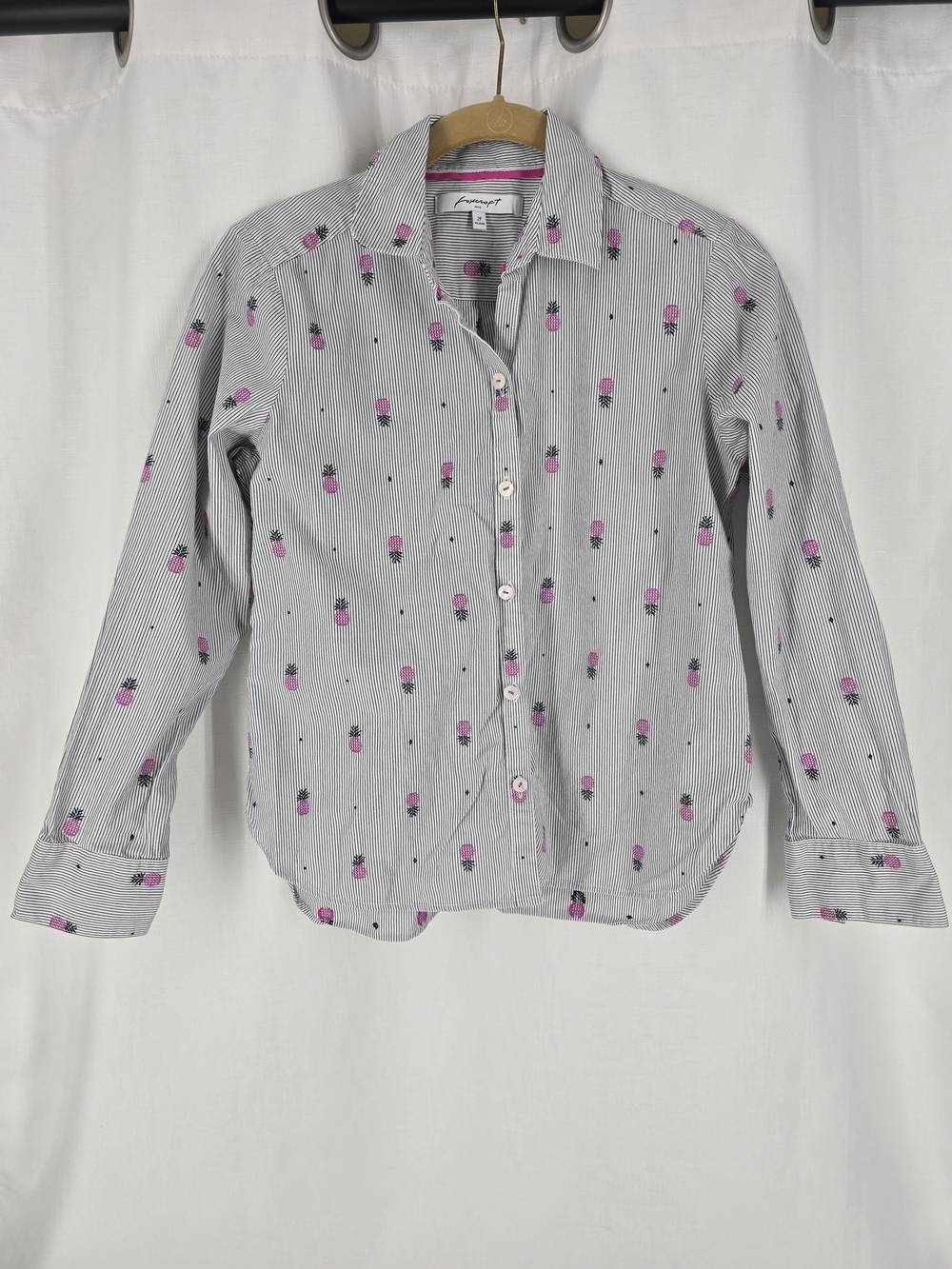 Foxcroft White and Pink Pineapple Print Button-Down Shirt